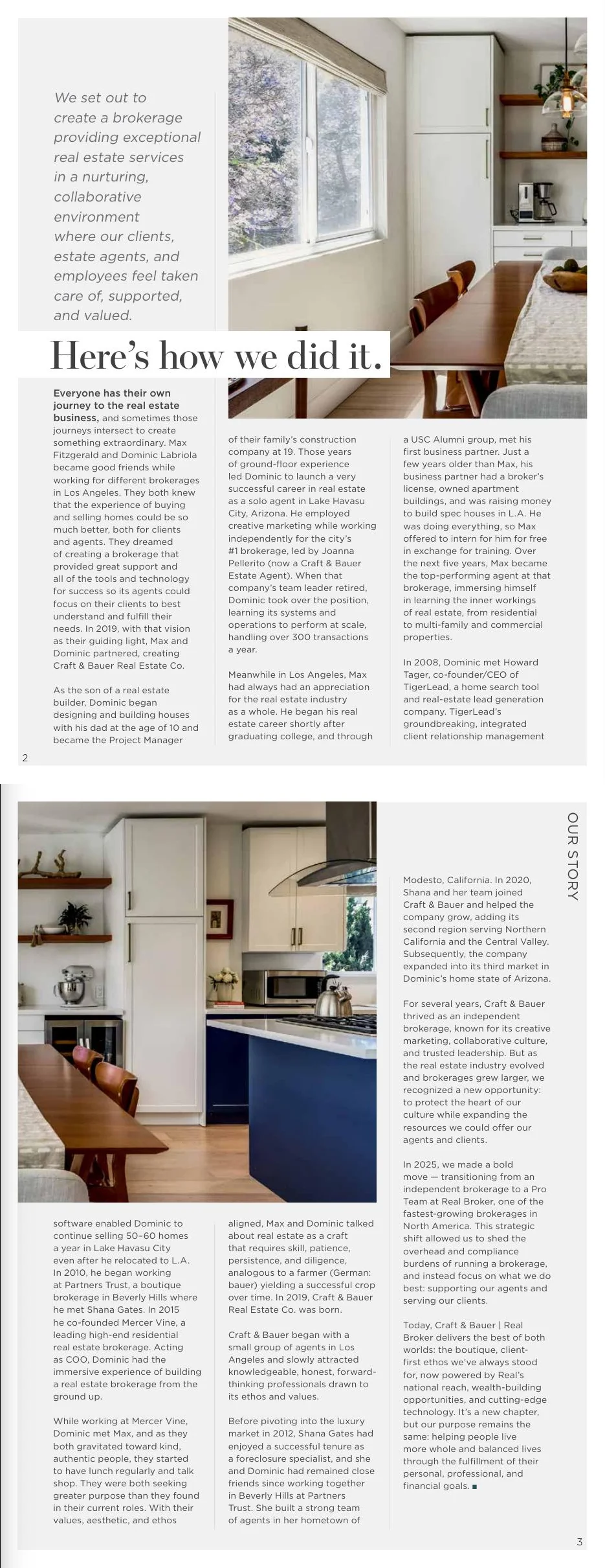 Pages 2–3: Our Story — the founding and evolution of Craft & Bauer.