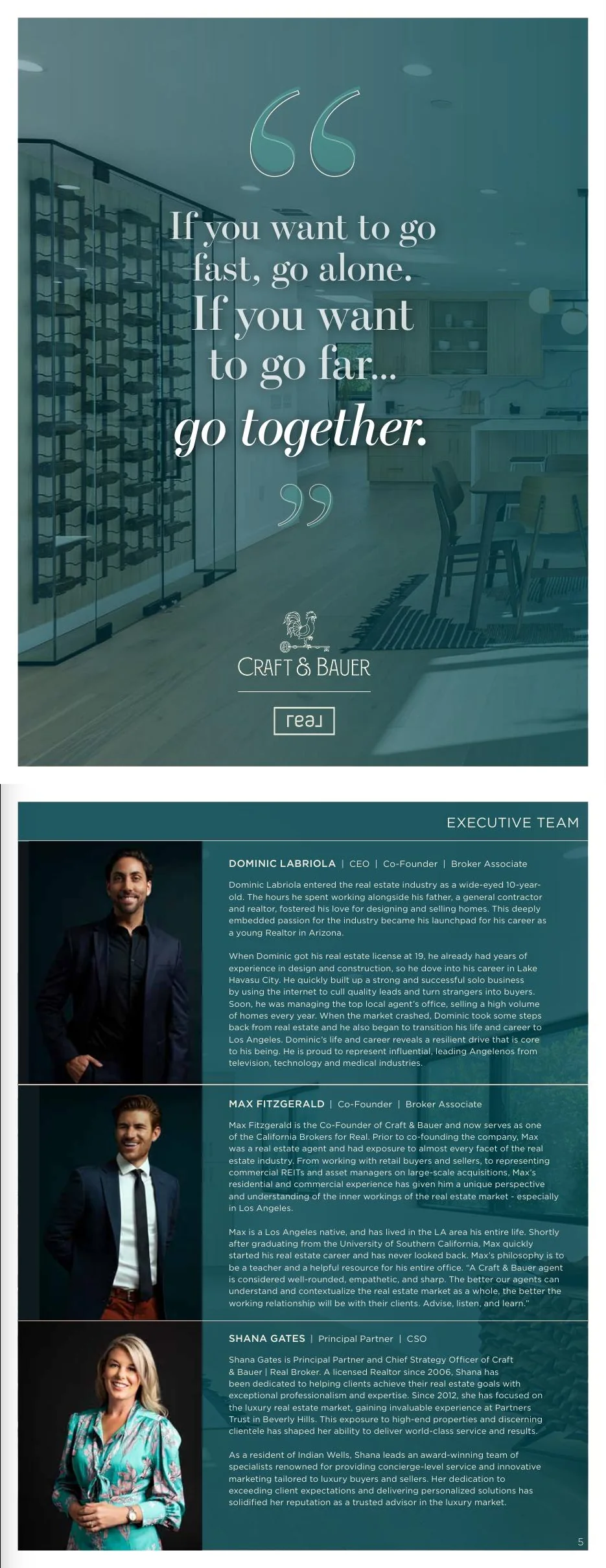Pages 4–5: Executive Team — Max Fitzgerald, Dominic Labriola, and Shana Gates.