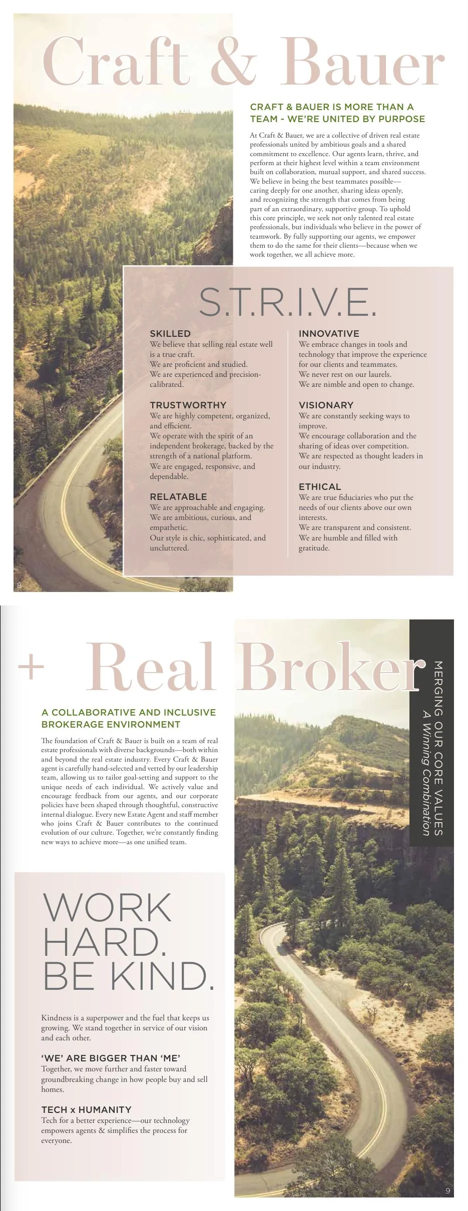 Pages 8–9: The Craft & Bauer and Real Broker partnership, shared values, and S.T.R.I.V.E. principles.