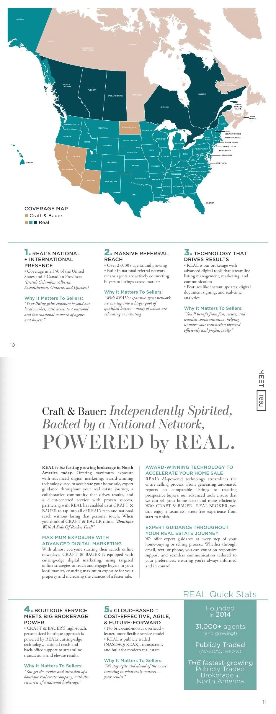 Pages 10–11: Real Broker coverage, referral reach, technology, boutique service, and key statistics.