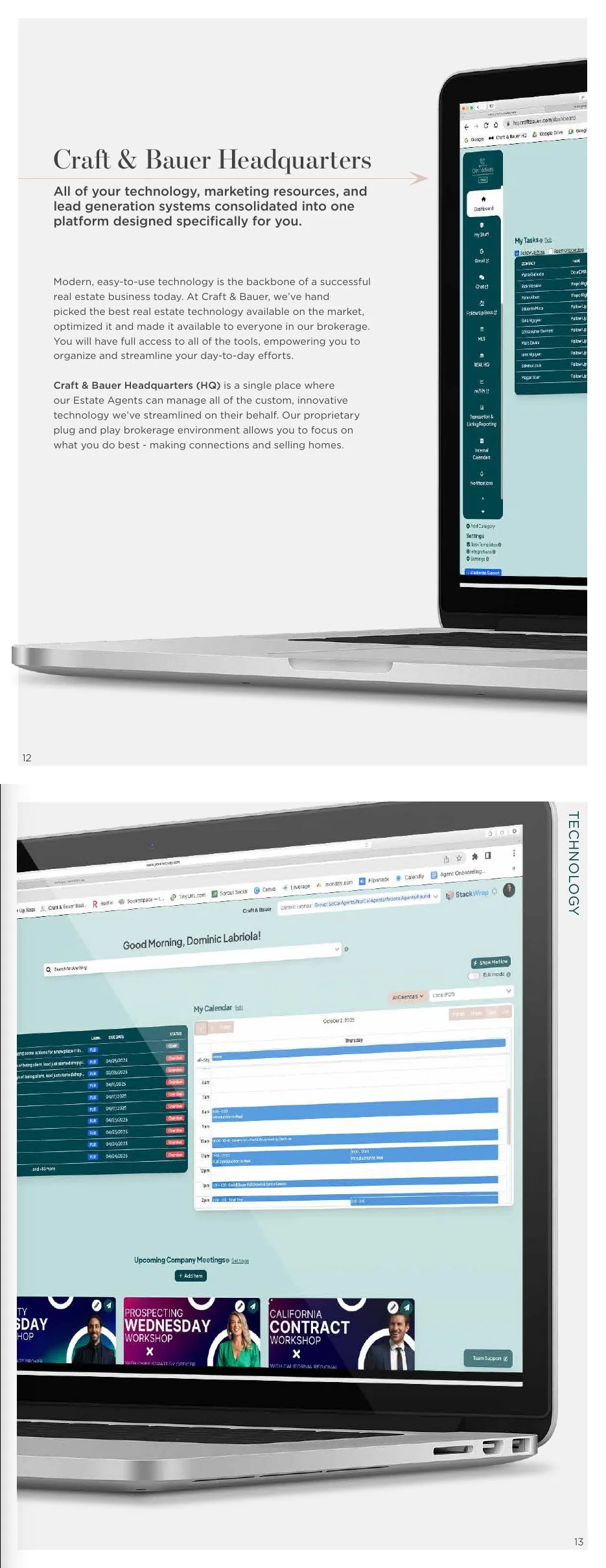 Pages 12–13: Craft & Bauer Headquarters — one platform for technology, marketing, and lead generation.