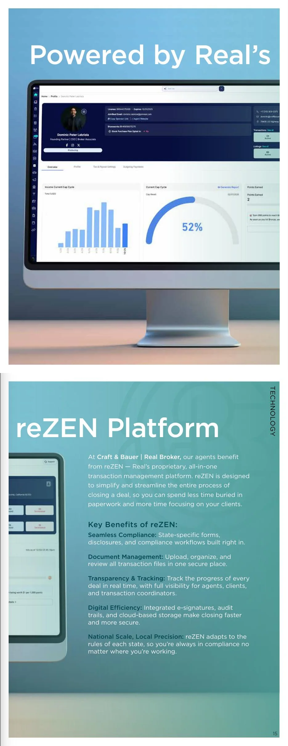 Pages 14–15: Real’s reZEN transaction platform and its key agent benefits.