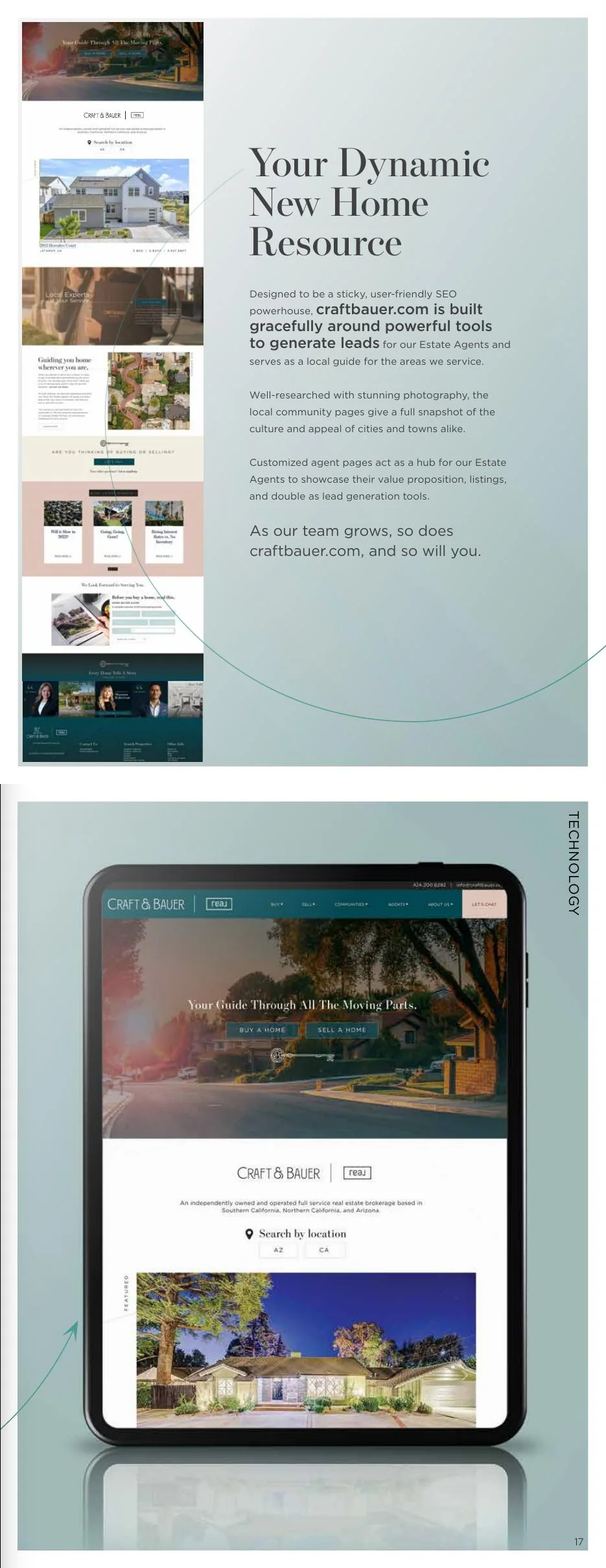 Pages 16–17: craftbauer.com as a lead-generating local guide and agent resource.