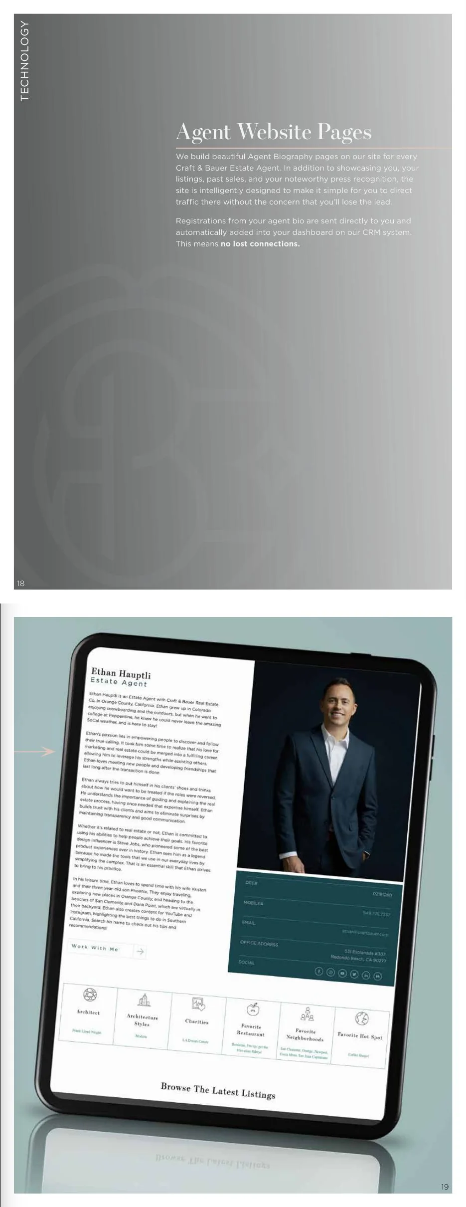 Pages 18–19: Custom Craft & Bauer agent biography and lead-generation pages.