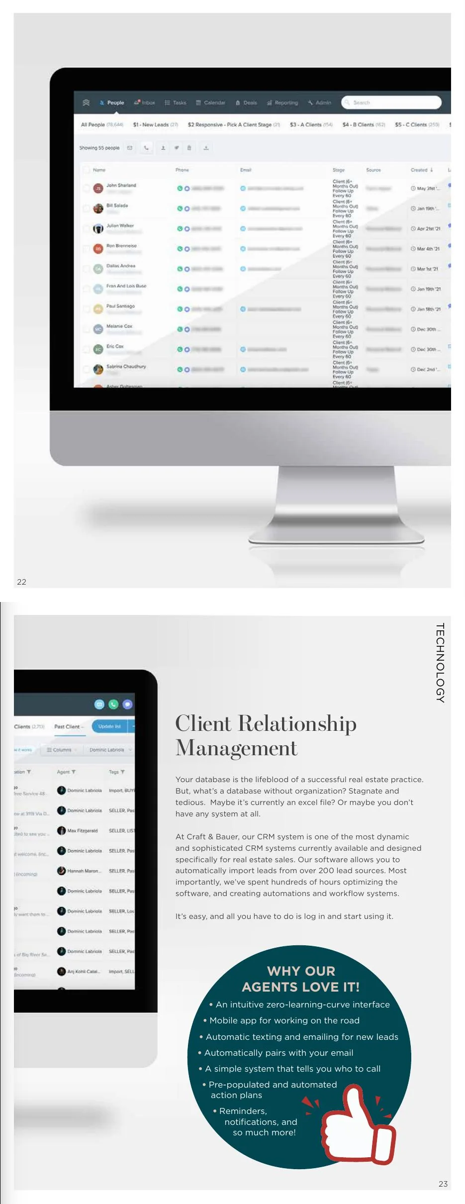 Pages 22–23: Craft & Bauer’s optimized real estate CRM and agent workflow features.