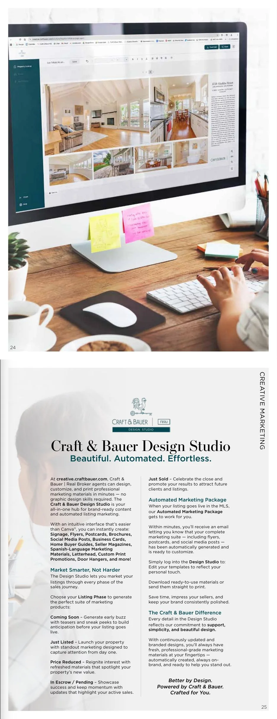 Pages 24–25: The Craft & Bauer Design Studio for automated, brand-ready marketing.