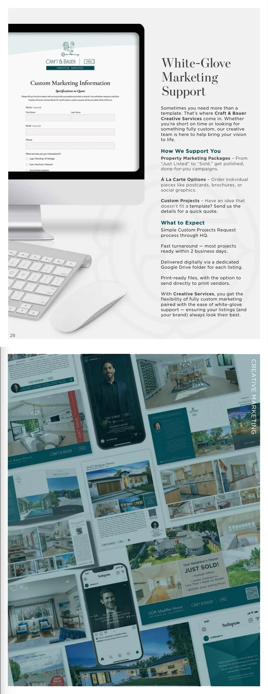 Pages 28–29: Custom creative services and white-glove marketing support.