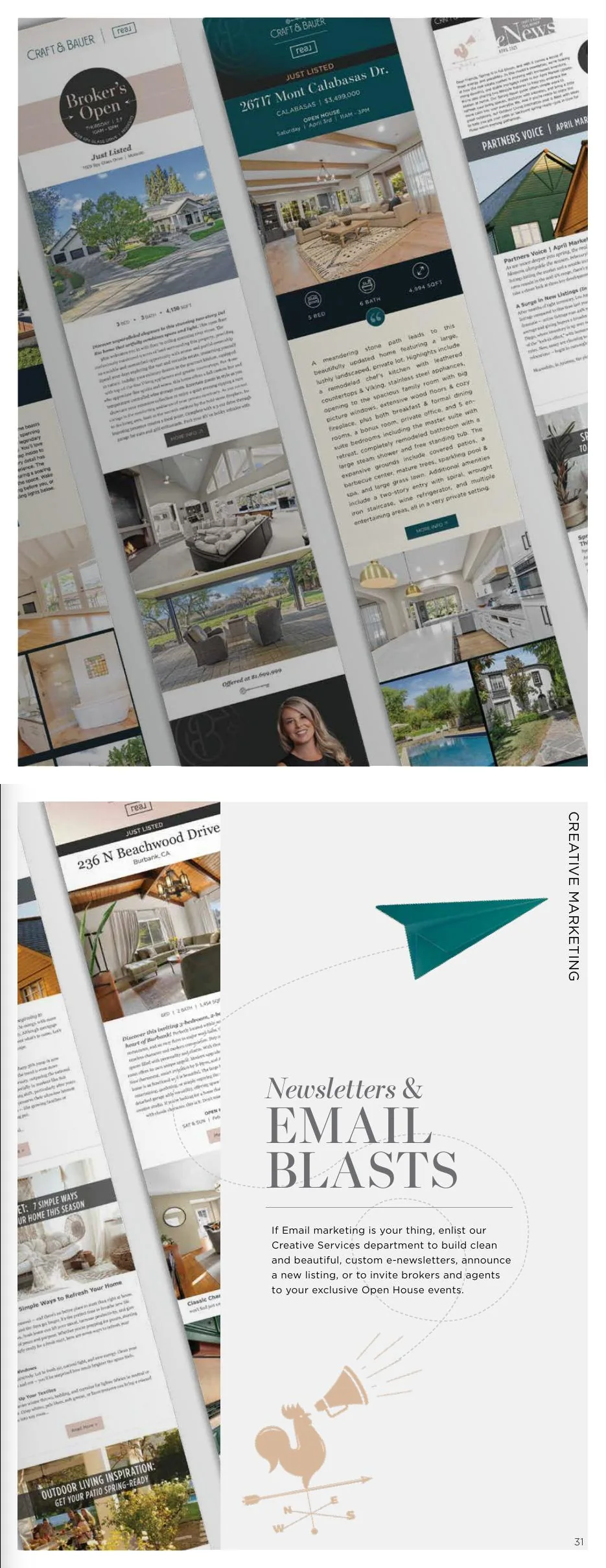Pages 30–31: Custom e-newsletters, listing announcements, and event invitations.
