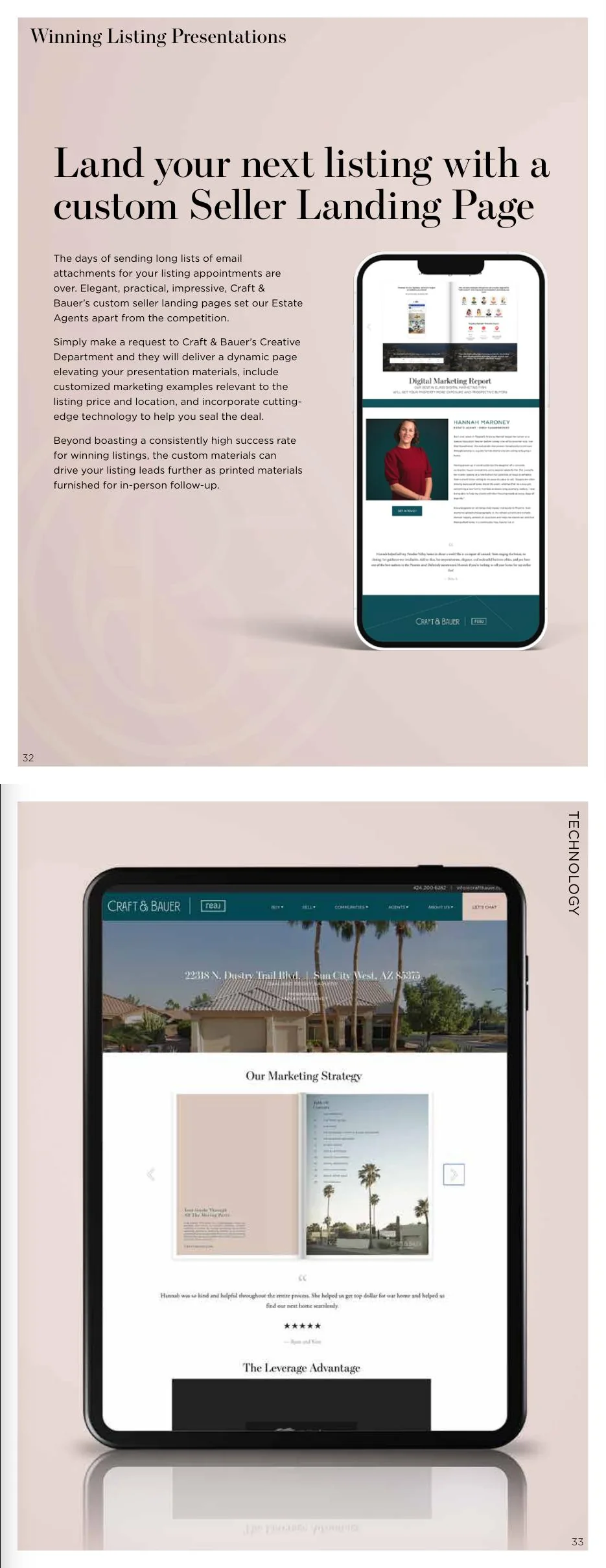 Pages 32–33: Custom seller landing pages and listing presentation materials.