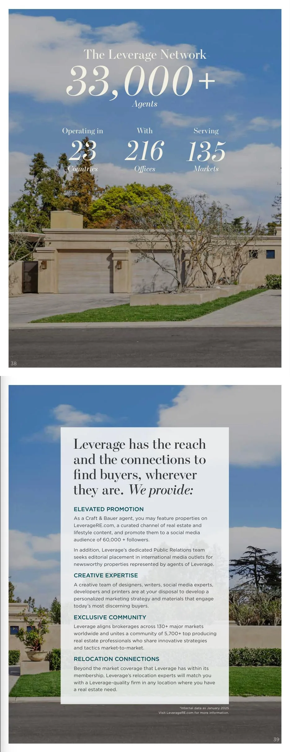 Pages 38–39: The Leverage Network’s reach, promotion, creative expertise, and relocation connections.