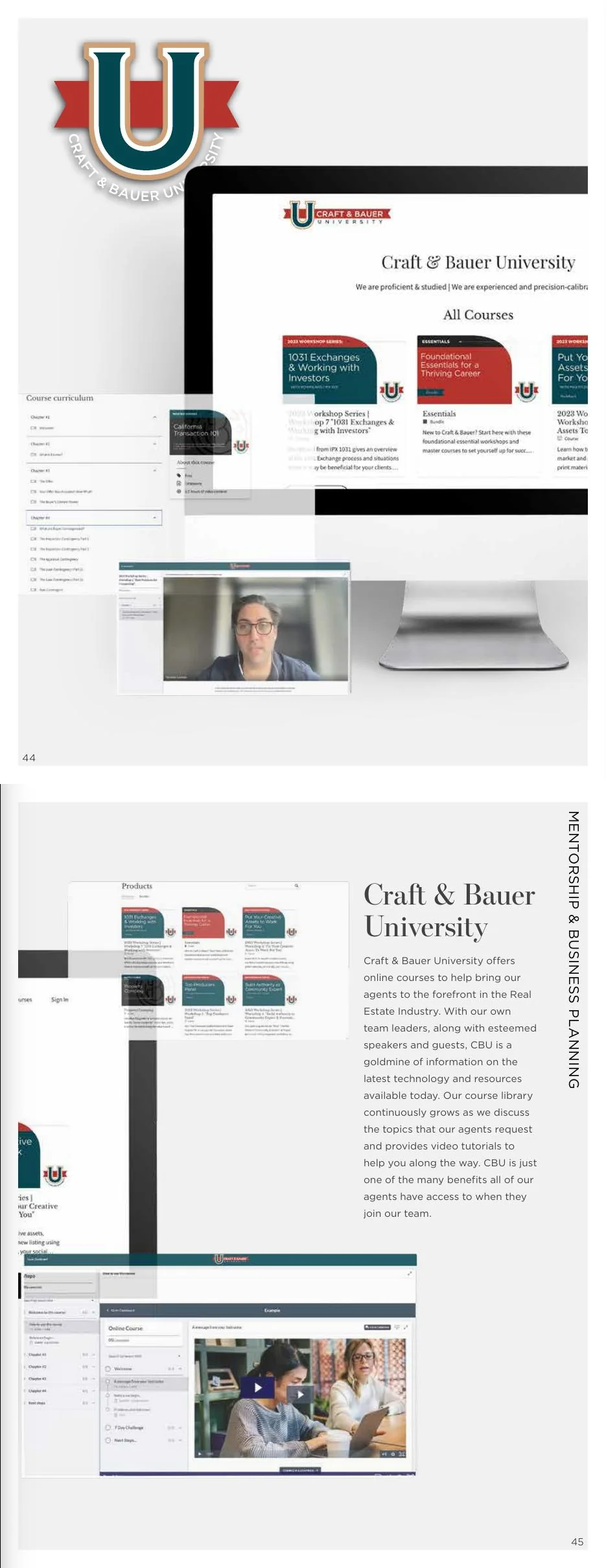 Pages 44–45: Craft & Bauer University mentorship, business planning, and course library.