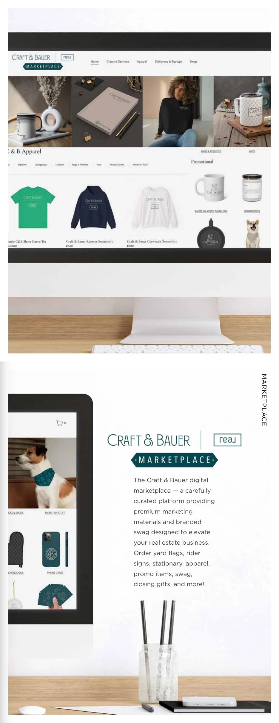 Pages 46–47: The Craft & Bauer marketplace, branded materials, and agent support.
