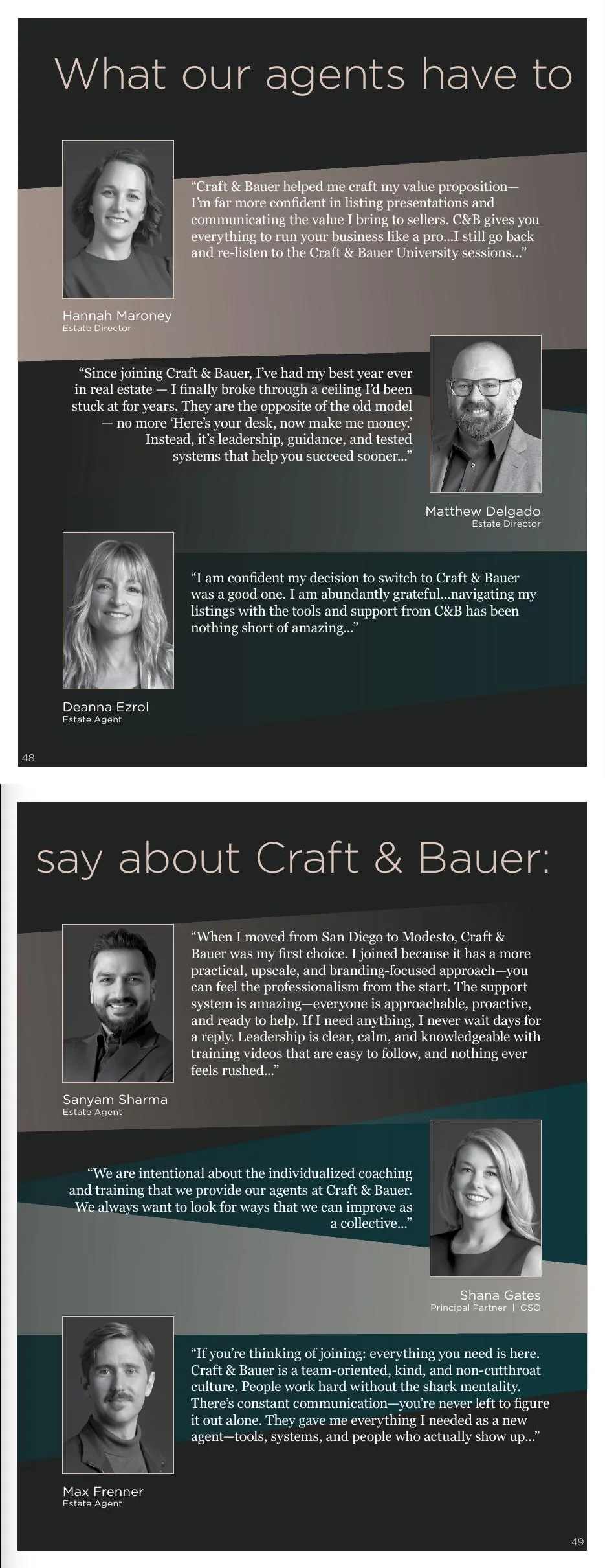 Pages 48–49: Testimonials from Craft & Bauer estate agents and directors.