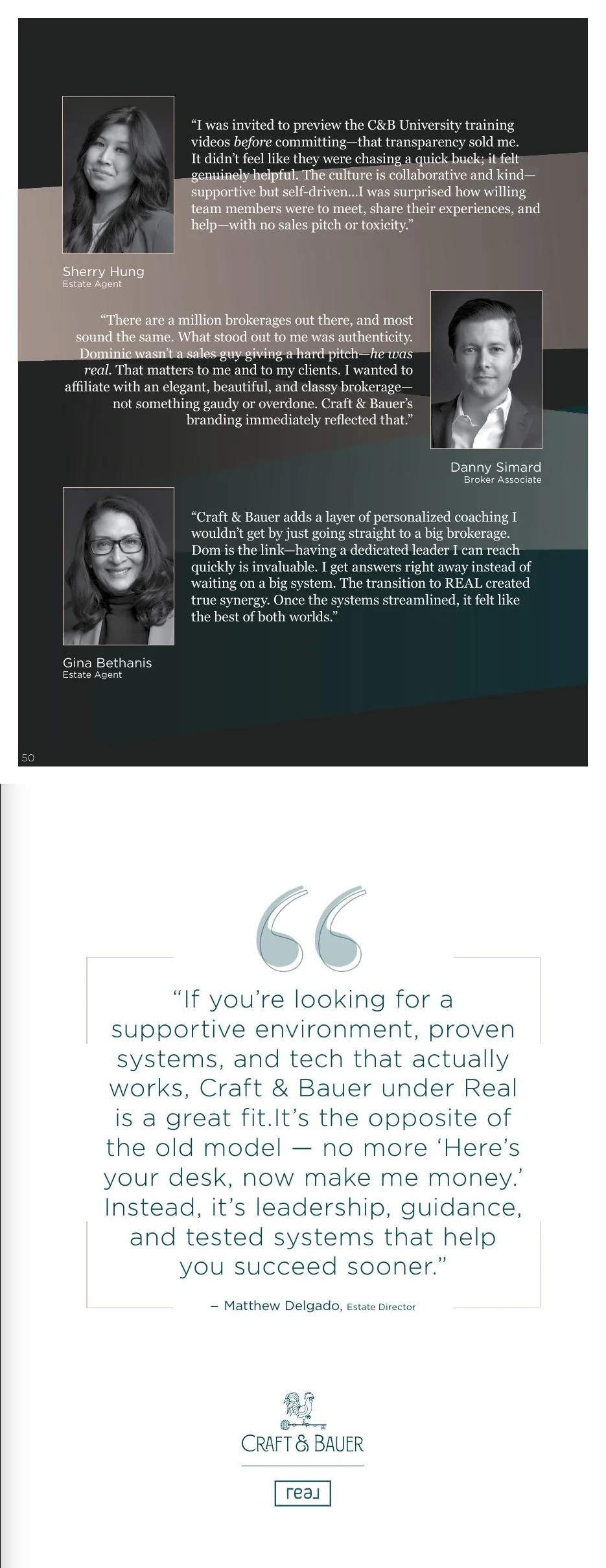 Page 50: Additional agent testimonials and a closing quote from Matthew Delgado.